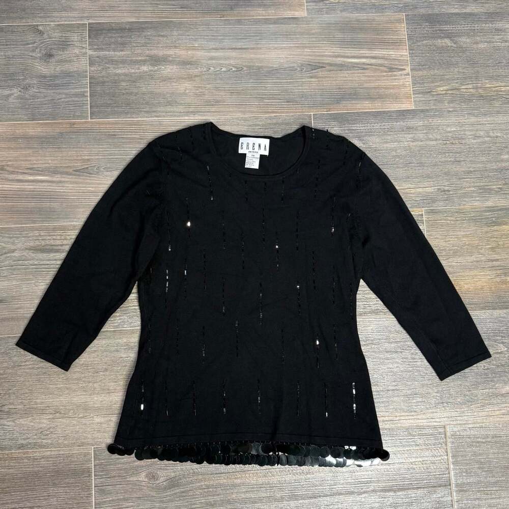 Vintage Whimsy goth embellished Black Silk sequin long sleeve top Coin Hem